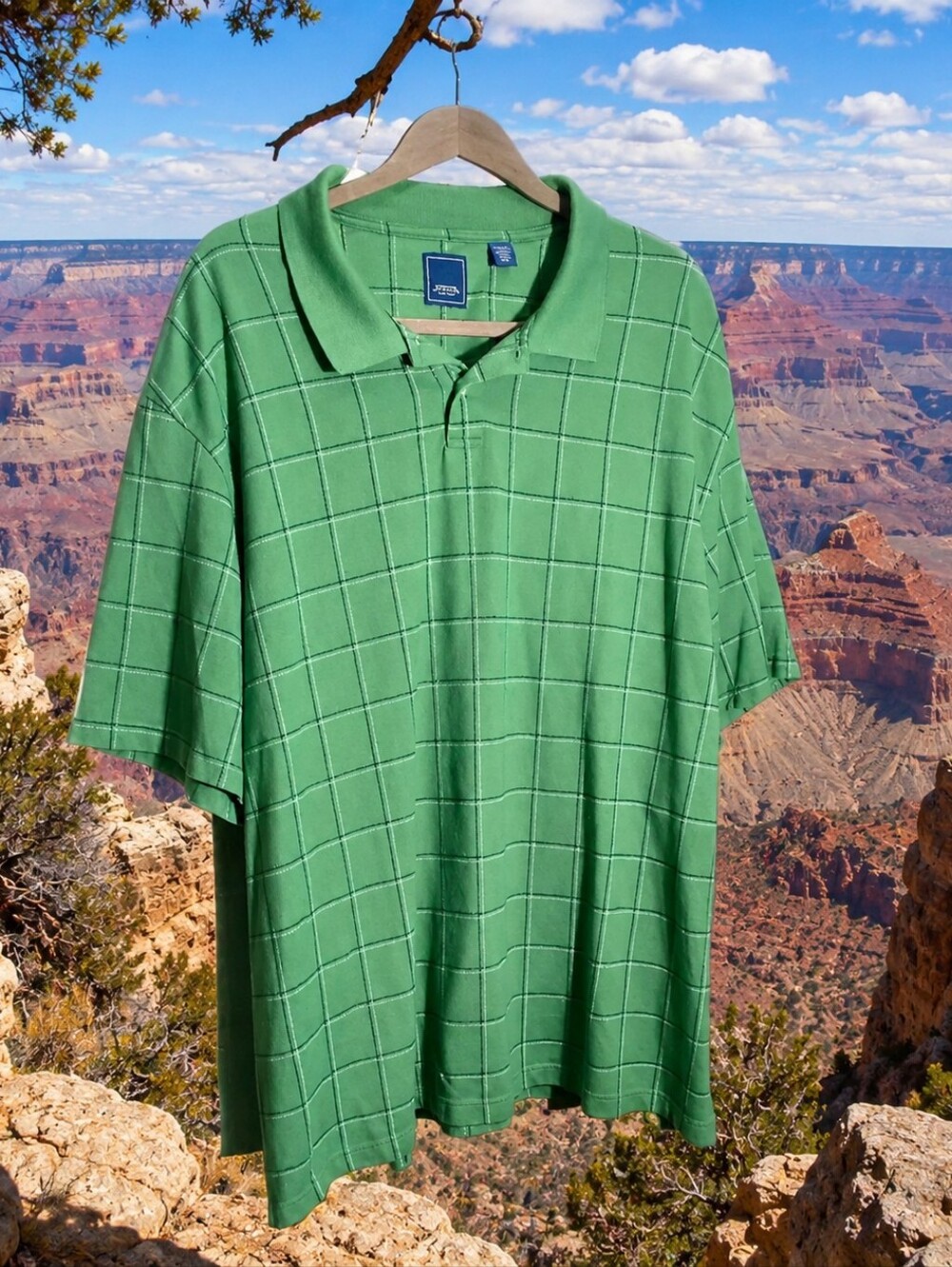 Arrow Men's 2XL Green Check Knit Collared Button Short Sleeve Polo Shirt